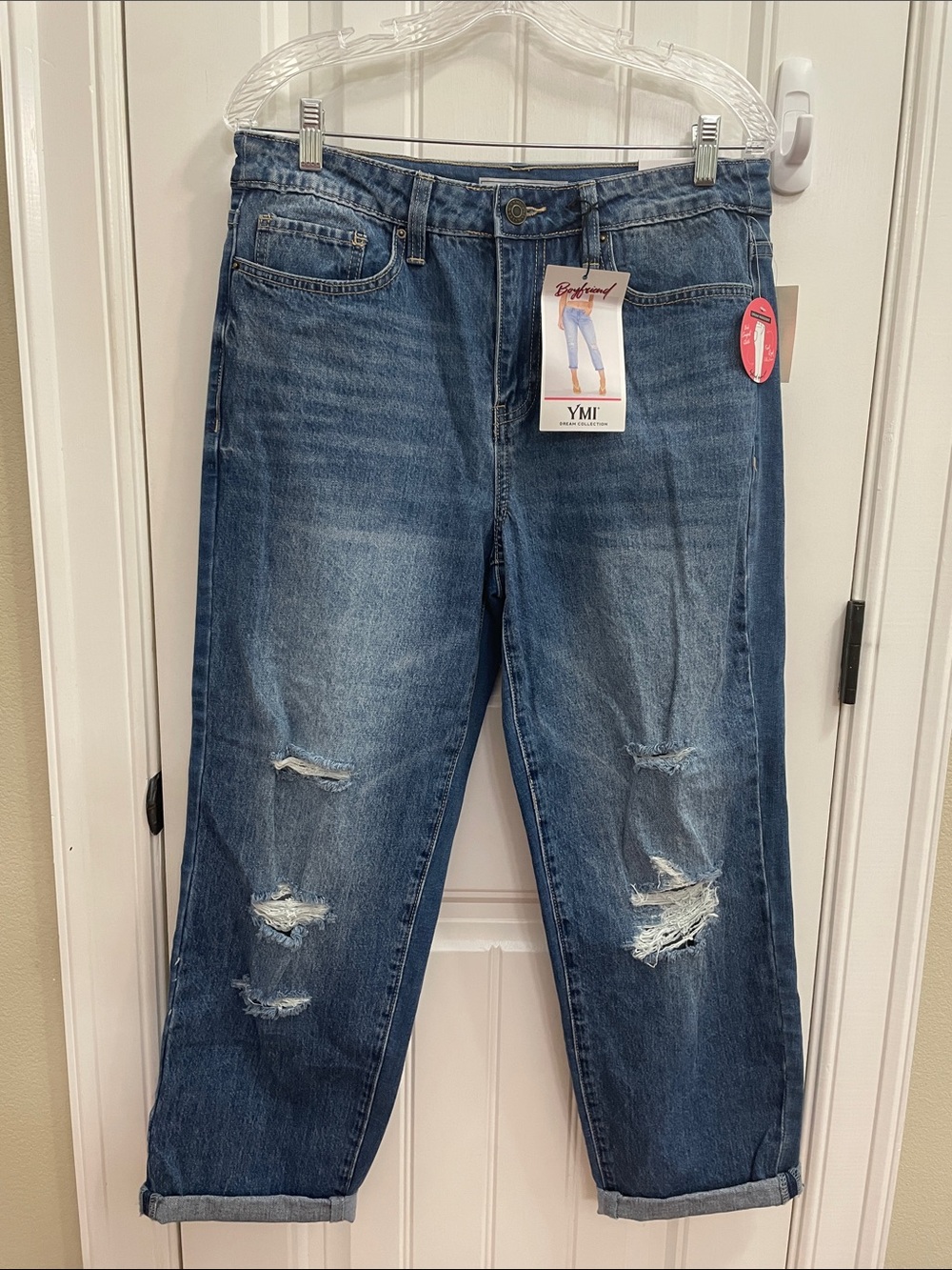 YMI Women's Distressed Dark Blue Boyfriend Jeans